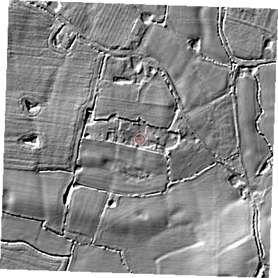 Shaded relief map of the ground around ME186FH, computed from Environment Agency LiDAR. The ground here sits at about 13 m above sea level and falls 9 m across the surrounding 800 m. Surface water reaching this point runs off ground lying to the east-south-east, 2.6 m higher.