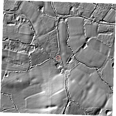 Shaded relief map of the ground around ME186FJ, computed from Environment Agency LiDAR. The ground here sits at about 13 m above sea level and falls 10 m across the surrounding 800 m. Surface water reaching this point runs off ground lying to the south-south-east, 7.6 m higher.