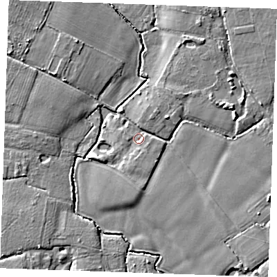Shaded relief map of the ground around ME186HA, computed from Environment Agency LiDAR. The ground here sits at about 12 m above sea level and falls 5 m across the surrounding 800 m. Surface water reaching this point runs off ground lying to the south-east, 3.1 m higher.