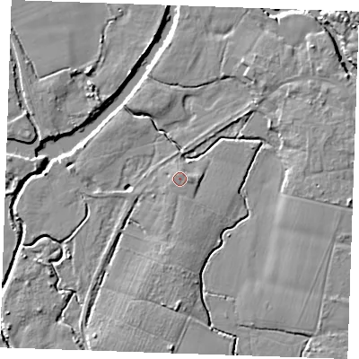Shaded relief map of the ground around ME186HE, computed from Environment Agency LiDAR. The ground here sits at about 12 m above sea level and falls 7 m across the surrounding 800 m. The ground contributing surface water to this point lies to the east.