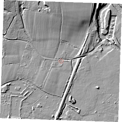 Shaded relief map of the ground around ME186HJ, computed from Environment Agency LiDAR. The ground here sits at about 12 m above sea level and falls 15 m across the surrounding 800 m. Surface water reaching this point runs off ground lying to the south-west, 2.9 m higher.