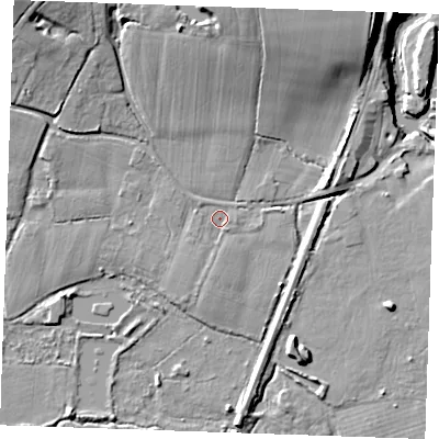 Shaded relief map of the ground around ME186HL, computed from Environment Agency LiDAR. The ground here sits at about 12 m above sea level and falls 16 m across the surrounding 800 m. Surface water reaching this point runs off ground lying to the south-south-west, 1.6 m higher.