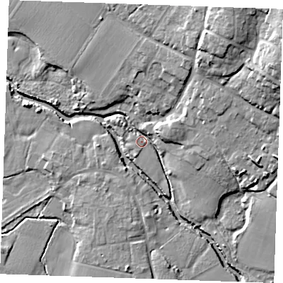 Shaded relief map of the ground around ME186HS, computed from Environment Agency LiDAR. The ground here sits at about 11 m above sea level and falls 22 m across the surrounding 800 m. Surface water reaching this point runs off ground lying to the east-north-east, 10.6 m higher.