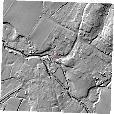 Shaded relief map of the ground around ME186HT, computed from Environment Agency LiDAR. The ground here sits at about 11 m above sea level and falls 24 m across the surrounding 800 m. Surface water reaching this point runs off ground lying to the north-east, 21.0 m higher.