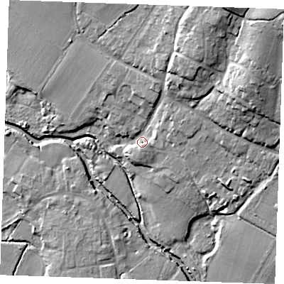 Shaded relief map of the ground around ME186HU, computed from Environment Agency LiDAR. The ground here sits at about 14 m above sea level and falls 25 m across the surrounding 800 m. Surface water reaching this point runs off ground lying to the north-east, 20.2 m higher.