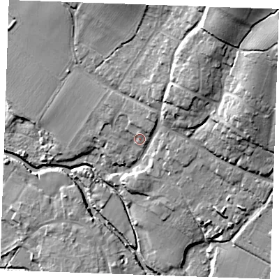 Shaded relief map of the ground around ME186HX, computed from Environment Agency LiDAR. The ground here sits at about 16 m above sea level and falls 27 m across the surrounding 800 m. Surface water reaching this point runs off ground lying to the north-east, 2.4 m higher.