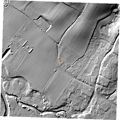 Shaded relief map of the ground around ME186JP, computed from Environment Agency LiDAR. The ground here sits at about 17 m above sea level and falls 39 m across the surrounding 800 m. Surface water reaching this point runs off ground lying to the north-north-east, 28.8 m higher.