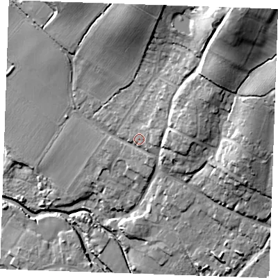 Shaded relief map of the ground around ME186JR, computed from Environment Agency LiDAR. The ground here sits at about 19 m above sea level and falls 36 m across the surrounding 800 m. Surface water reaching this point runs off ground lying to the east-north-east, 3.4 m higher.