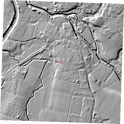 Shaded relief map of the ground around ME186JS, computed from Environment Agency LiDAR. The ground here sits at about 12 m above sea level and falls 12 m across the surrounding 800 m. Surface water reaching this point runs off ground lying to the east-north-east, 1.0 m higher.