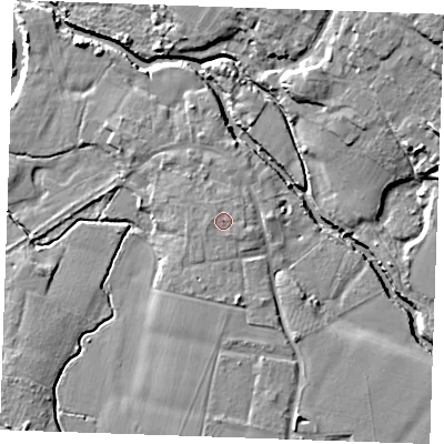 Shaded relief map of the ground around ME186JT, computed from Environment Agency LiDAR. The ground here sits at about 12 m above sea level and falls 16 m across the surrounding 800 m. The ground contributing surface water to this point lies to the west.