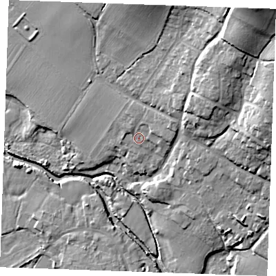 Shaded relief map of the ground around ME186JY, computed from Environment Agency LiDAR. The ground here sits at about 16 m above sea level and falls 30 m across the surrounding 800 m. Surface water reaching this point runs off ground lying to the north-east, 3.7 m higher.