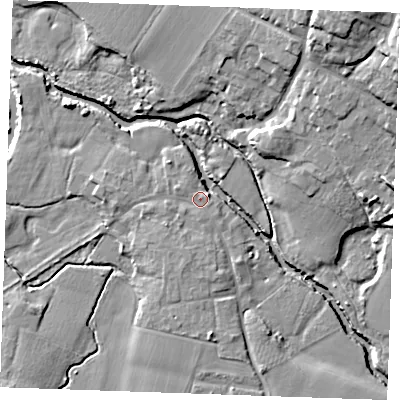 Shaded relief map of the ground around ME186YW, computed from Environment Agency LiDAR. The ground here sits at about 11 m above sea level and falls 19 m across the surrounding 800 m. Surface water reaching this point runs off ground lying to the south-south-west, 2.0 m higher.