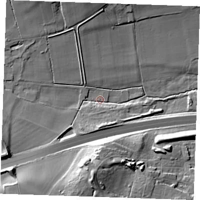 Shaded relief map of the ground around ME195AA, computed from Environment Agency LiDAR. The ground here sits at about 23 m above sea level and falls 23 m across the surrounding 800 m. Surface water reaching this point runs off ground lying to the west-south-west, 14.3 m higher.