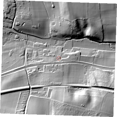 Shaded relief map of the ground around ME195AN, computed from Environment Agency LiDAR. The ground here sits at about 45 m above sea level and falls 38 m across the surrounding 800 m. Surface water reaching this point runs off ground lying to the south-west, 5.4 m higher.