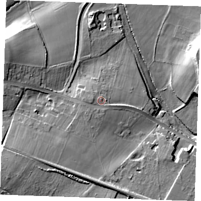 Shaded relief map of the ground around ME195AS, computed from Environment Agency LiDAR. The ground here sits at about 39 m above sea level and falls 31 m across the surrounding 800 m. Surface water reaching this point runs off ground lying to the west, 1.6 m higher.