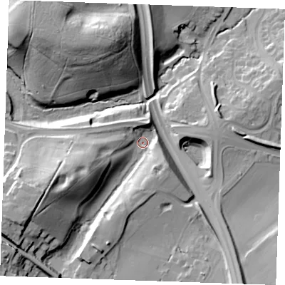 Shaded relief map of the ground around ME195EZ, computed from Environment Agency LiDAR. The ground here sits at about 23 m above sea level and falls 33 m across the surrounding 800 m. Surface water reaching this point runs off ground lying to the west-south-west, 26.6 m higher.