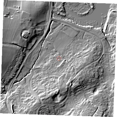 Shaded relief map of the ground around ME195HD, computed from Environment Agency LiDAR. The ground here sits at about 16 m above sea level and falls 19 m across the surrounding 800 m. Surface water reaching this point runs off ground lying to the south, 3.7 m higher.