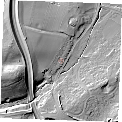 Shaded relief map of the ground around ME195HF, computed from Environment Agency LiDAR. The ground here sits at about 20 m above sea level and falls 36 m across the surrounding 800 m. Surface water reaching this point runs off ground lying to the west-north-west, 12.1 m higher.