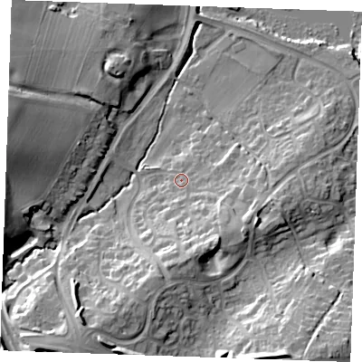 Shaded relief map of the ground around ME195HQ, computed from Environment Agency LiDAR. The ground here sits at about 18 m above sea level and falls 23 m across the surrounding 800 m. Surface water reaching this point runs off ground lying to the south-south-east, 9.5 m higher.