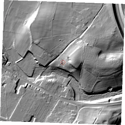 Shaded relief map of the ground around ME195HT, computed from Environment Agency LiDAR. The ground here sits at about 34 m above sea level and falls 27 m across the surrounding 800 m. Surface water reaching this point runs off ground lying to the east, 10.8 m higher.