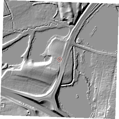 Shaded relief map of the ground around ME195HW, computed from Environment Agency LiDAR. The ground here sits at about 12 m above sea level and falls 14 m across the surrounding 800 m. Surface water reaching this point runs off ground lying to the south-south-west, 6.4 m higher.