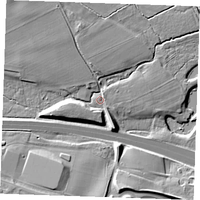 Shaded relief map of the ground around ME195HY, computed from Environment Agency LiDAR. The ground here sits at about 15 m above sea level and falls 20 m across the surrounding 800 m. Surface water reaching this point runs off ground lying to the north-north-east, 2.6 m higher.
