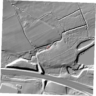 Shaded relief map of the ground around ME195JB, computed from Environment Agency LiDAR. The ground here sits at about 13 m above sea level and falls 17 m across the surrounding 800 m. Surface water reaching this point runs off ground lying to the west-south-west, 11.6 m higher.