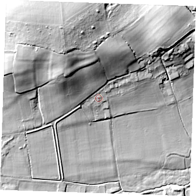 Shaded relief map of the ground around ME195JS, computed from Environment Agency LiDAR. The ground here sits at about 29 m above sea level and falls 32 m across the surrounding 800 m. Surface water reaching this point runs off ground lying to the north-north-west, 21.1 m higher.