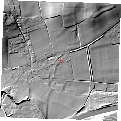 Shaded relief map of the ground around ME195LS, computed from Environment Agency LiDAR. The ground here sits at about 28 m above sea level and falls 27 m across the surrounding 800 m. Surface water reaching this point runs off ground lying to the north-west, 1.5 m higher.