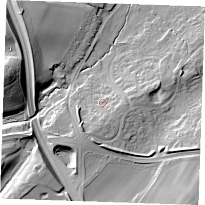 Shaded relief map of the ground around ME195QH, computed from Environment Agency LiDAR. The ground here sits at about 24 m above sea level and falls 32 m across the surrounding 800 m. Surface water reaching this point runs off ground lying to the south-south-east, 4.8 m higher.