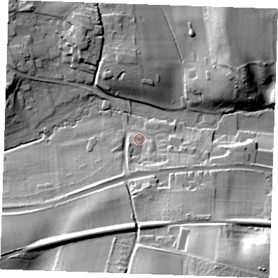 Shaded relief map of the ground around ME195RX, computed from Environment Agency LiDAR. The ground here sits at about 42 m above sea level and falls 37 m across the surrounding 800 m. Surface water reaching this point runs off ground lying to the south-east, 8.1 m higher.