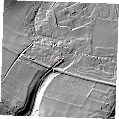 Shaded relief map of the ground around ME196BF, computed from Environment Agency LiDAR. The ground here sits at about 39 m above sea level and falls 31 m across the surrounding 800 m. Surface water reaching this point runs off ground lying to the east, 1.2 m higher.