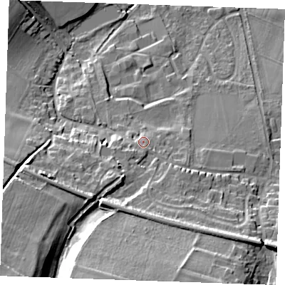 Shaded relief map of the ground around ME196BU, computed from Environment Agency LiDAR. The ground here sits at about 35 m above sea level and falls 30 m across the surrounding 800 m. Surface water reaching this point runs off ground lying to the south, 3.1 m higher.