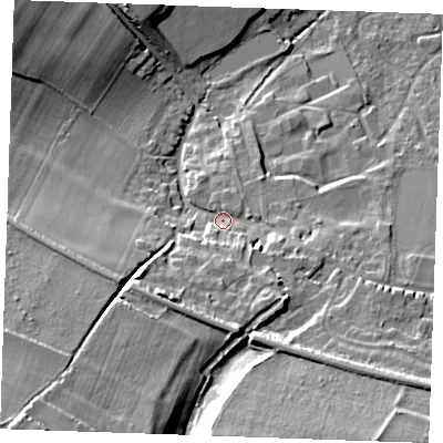 Shaded relief map of the ground around ME196BX, computed from Environment Agency LiDAR. The ground here sits at about 31 m above sea level and falls 34 m across the surrounding 800 m. Surface water reaching this point runs off ground lying to the south, 11.8 m higher.