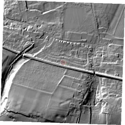 Shaded relief map of the ground around ME196BZ, computed from Environment Agency LiDAR. The ground here sits at about 40 m above sea level and falls 31 m across the surrounding 800 m. Surface water reaching this point runs off ground lying to the south-south-east, 4.1 m higher.