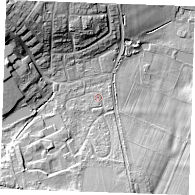 Shaded relief map of the ground around ME196DE, computed from Environment Agency LiDAR. The ground here sits at about 22 m above sea level and falls 22 m across the surrounding 800 m. Surface water reaching this point runs off ground lying to the south-south-west, 11.6 m higher.