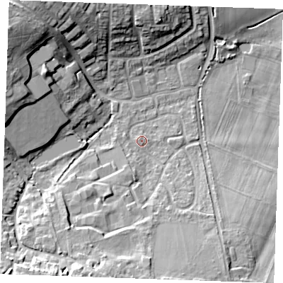 Shaded relief map of the ground around ME196DF, computed from Environment Agency LiDAR. The ground here sits at about 23 m above sea level and falls 23 m across the surrounding 800 m. Surface water reaching this point runs off ground lying to the south-south-west, 3.4 m higher.