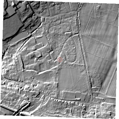 Shaded relief map of the ground around ME196DH, computed from Environment Agency LiDAR. The ground here sits at about 27 m above sea level and falls 24 m across the surrounding 800 m. Surface water reaching this point runs off ground lying to the south-south-west, 16.9 m higher.
