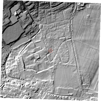 Shaded relief map of the ground around ME196DJ, computed from Environment Agency LiDAR. The ground here sits at about 25 m above sea level and falls 25 m across the surrounding 800 m. Surface water reaching this point runs off ground lying to the south-west, 5.1 m higher.