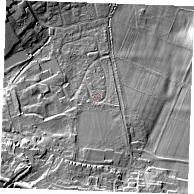 Shaded relief map of the ground around ME196DN, computed from Environment Agency LiDAR. The ground here sits at about 27 m above sea level and falls 24 m across the surrounding 800 m. Surface water reaching this point runs off ground lying to the south-south-west, 13.7 m higher.