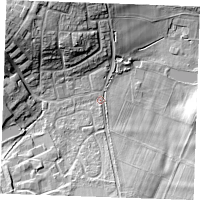 Shaded relief map of the ground around ME196DP, computed from Environment Agency LiDAR. The ground here sits at about 21 m above sea level and falls 20 m across the surrounding 800 m. Surface water reaching this point runs off ground lying to the south-west, 11.7 m higher.