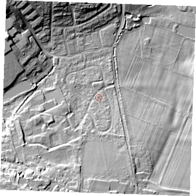 Shaded relief map of the ground around ME196DQ, computed from Environment Agency LiDAR. The ground here sits at about 24 m above sea level and falls 21 m across the surrounding 800 m. Surface water reaching this point runs off ground lying to the south, 3.9 m higher.