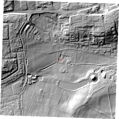 Shaded relief map of the ground around ME196DZ, computed from Environment Agency LiDAR. The ground here sits at about 17 m above sea level and falls 19 m across the surrounding 800 m. Surface water reaching this point runs off ground lying to the west-north-west, 11.3 m higher.