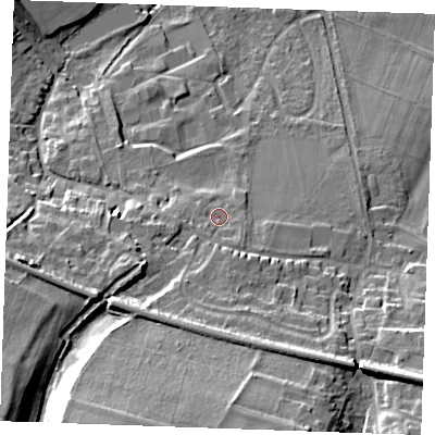 Shaded relief map of the ground around ME196FS, computed from Environment Agency LiDAR. The ground here sits at about 34 m above sea level and falls 29 m across the surrounding 800 m. Surface water reaching this point runs off ground lying to the south-south-west, 9.4 m higher.