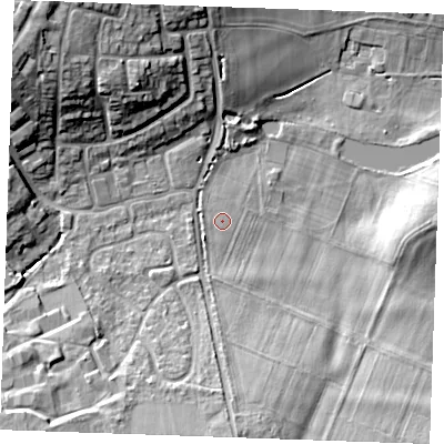 Shaded relief map of the ground around ME196GX, computed from Environment Agency LiDAR. The ground here sits at about 21 m above sea level and falls 19 m across the surrounding 800 m. Surface water reaching this point runs off ground lying to the south, 4.9 m higher.