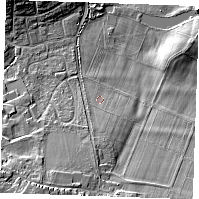 Shaded relief map of the ground around ME196GY, computed from Environment Agency LiDAR. The ground here sits at about 23 m above sea level and falls 20 m across the surrounding 800 m. Surface water reaching this point runs off ground lying to the south-south-east, 2.0 m higher.