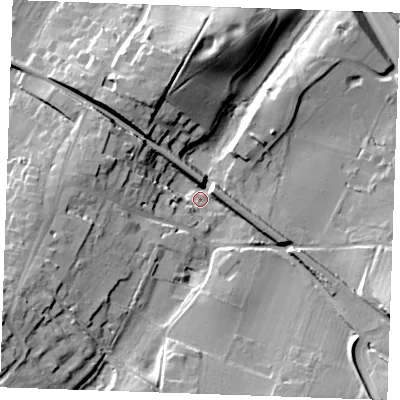Shaded relief map of the ground around ME196LN, computed from Environment Agency LiDAR. The ground here sits at about 34 m above sea level and falls 35 m across the surrounding 800 m. Surface water reaching this point runs off ground lying to the west-south-west, 21.5 m higher.