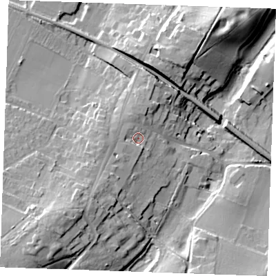 Shaded relief map of the ground around ME196LP, computed from Environment Agency LiDAR. The ground here sits at about 45 m above sea level and falls 32 m across the surrounding 800 m. Surface water reaching this point runs off ground lying to the south-west, 11.8 m higher.
