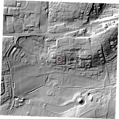 Shaded relief map of the ground around ME196NF, computed from Environment Agency LiDAR. The ground here sits at about 24 m above sea level and falls 24 m across the surrounding 800 m. Surface water reaching this point runs off ground lying to the north-north-east, 5.6 m higher.