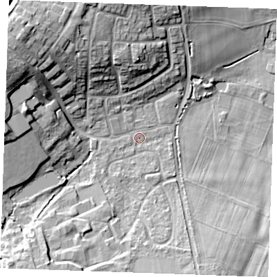Shaded relief map of the ground around ME196RU, computed from Environment Agency LiDAR. The ground here sits at about 21 m above sea level and falls 23 m across the surrounding 800 m. Surface water reaching this point runs off ground lying to the west, 12.8 m higher.